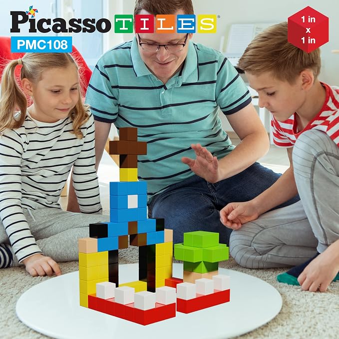PicassoTiles 108PC Magnetic Puzzle Cube + Toys Carrying Case, 1" Pixel Mix & Match Cubes w/Free Idea Book Sensory Toys, Magnetic Tiles Construction Block Travel Bag, Waterproof Storage Organizer Box
