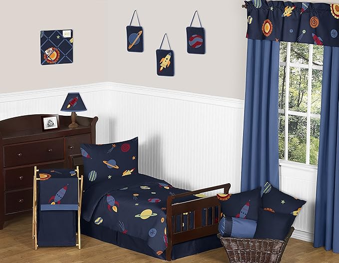 Sweet Jojo Designs Space Galaxy Planets Boy Small Fabric Toy Bin Storage Box Chest For Baby Nursery or Kids Room - Navy Blue Star and Moon Rocket Ship