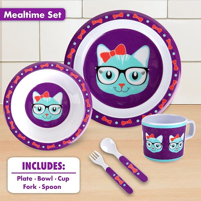 Bentology 5 Pc Mealtime Set for Kids - Kitty Cat Theme - Includes Raised Edge Plate & Bowl, Cup, Fork & Spoon - Dishwasher Safe, BPA Free - Cute Durable Dish, Easy Self-Feeding - Gift for Toddlers