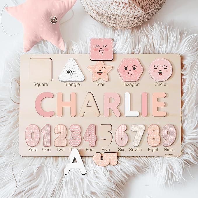 Wooden Name Puzzle Personalized with Numbers & Shapes for Kids 1-3 | 11 Color Themes | Handmade Montessori Toy, Keepsake Decor & Ideal 1st Birthday Gift