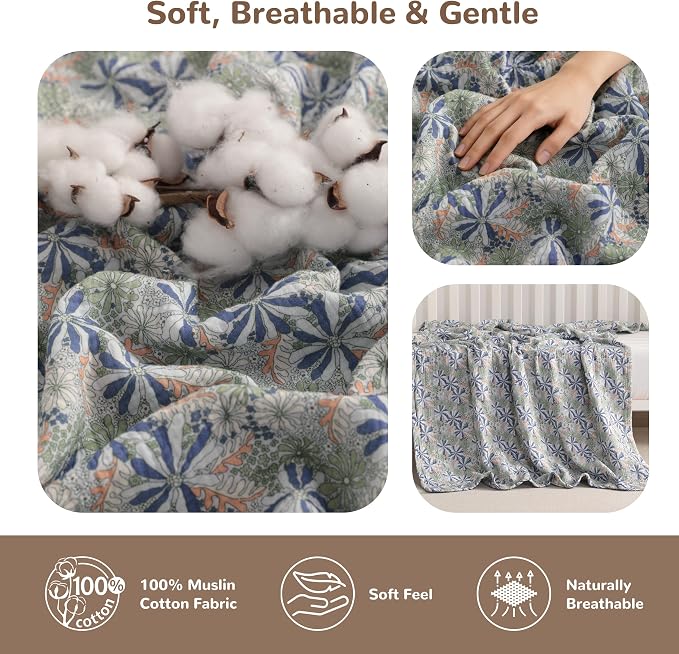 NTBAY Muslin Baby Swaddle Blanket, 2-Layer, 42x60 Lightweight Receiving Blanket for Newborns and Infants, Crib Stroller Nursery Use, Retro Floral Botanical