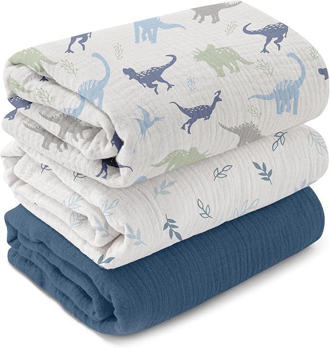 GLLQUEN BABY Muslin Swaddle Blankets,3-Pack Receiving Blankets for Newborn Boys and Girls,Baby Swaddle Blanket Unisex,My Dino Pals,Baby Essentials, Registry & Gift, 40 x 38 inches