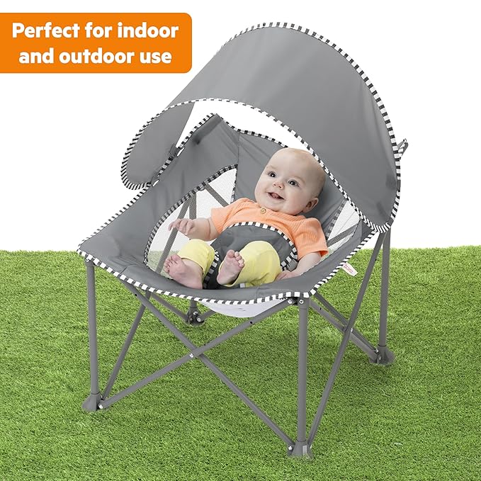 Bright Starts Pop 'N Chill Portable Infant Beach Chair, Travel Seat with UPF 50+ Canopy, Indoor/Outdoor Baby Seat, Grey, 0?? Months