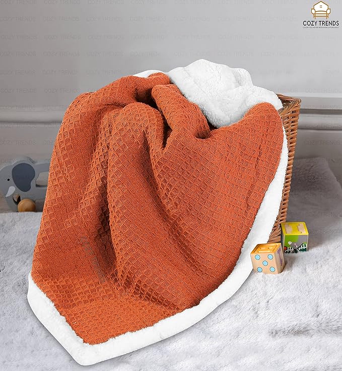 Luxurious Cotton Unisex Baby Boy Girl Blanket Waffle Weave with Sherpa Backing Soft Cozy 30''x40'' Receiving Crib Stroller Nap Blanket (Rust)