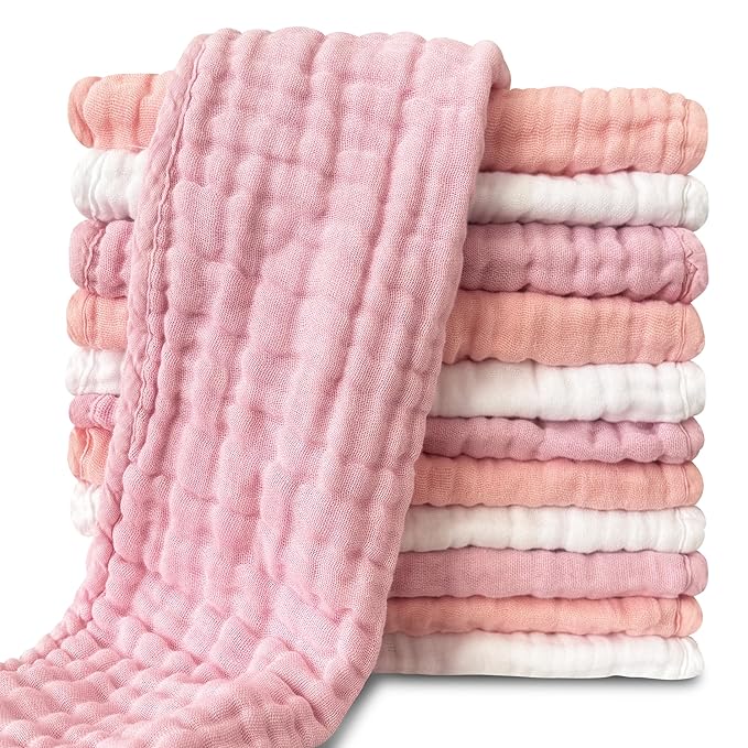 Muslin Burp Cloths for Baby 100% Cotton Burping Cloths for Unisex, Boy, Girl - Large 20'' by 10'' Newborn Essentials Ultra Soft Absorbent Milk Spit Up Rags - 12 Pack - White+Light Sakura Series