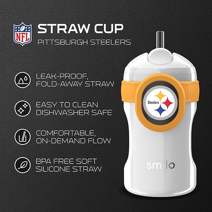 Smilo Straw Cup - Pittsburgh Steelers Officially Licensed NFL Sippy Cup - Baby and Toddler Cup with Weighted Silicone Straw and 8.5 oz Capacity - BPA-Free