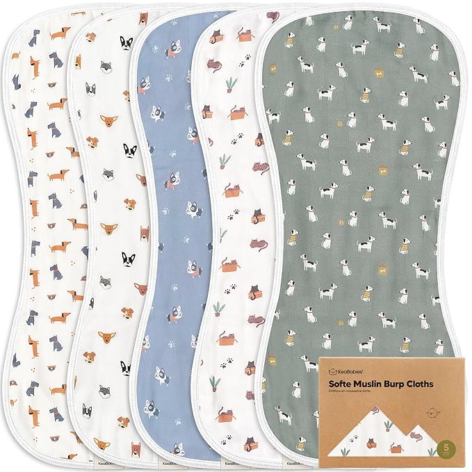 5-Pack Muslin Burp Cloths Baby Boy, Girl - Very Absorbent Baby Burp Cloth Rags, 8-Layers Viscose Derived from Bamboo Cotton Muslin Towel, Super Soft Spit Up Rags, No Shrink Washcloths (Pets & Paws)
