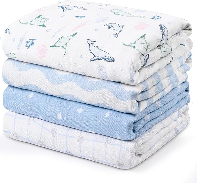 GLLQUEN BABY Muslin Swaddle Blankets 4-Pack Breathable Receiving Blankets (35" x 40") Soft Baby Blankets for Girls and Boys Newborn Essentials Muslin Burp Cloths Swaddle Wrap Baby Gift(Ocean Whimsy)