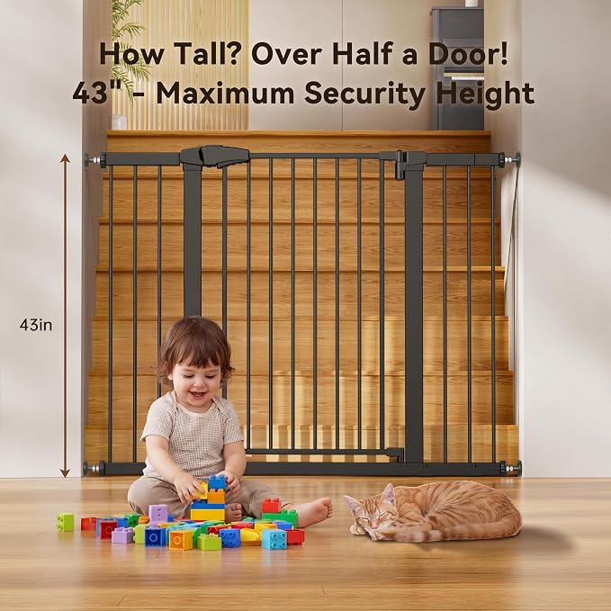 Fldofaves 42" Extra Tall Pet Gate for Cats and Dogs, Fits 29.5"-46" Wide Openings, Pressure Mounted Auto Close Cat Gate with Ultra Narrow Bar Spacing for Doorways, Stairs, Hallways(Black)