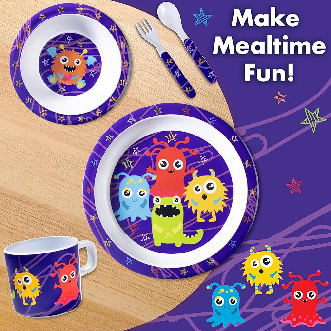 Bentology 5 Pc Mealtime Set for Kids - Monster Theme - Includes Raised Edge Plate & Bowl, Cup, Fork & Spoon- Dishwasher Safe, BPA Free- Cute Durable Dish, Easy Self-Feeding- Gift for Toddlers