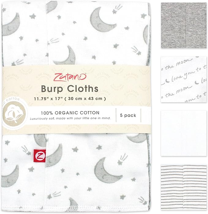 Zutto 5-Pack Organic Burp Cloths for Baby Girl & Boy, Large Cotton Burping Cloths for Babies | Absorbent Baby Spit-Up Rags | Gender Neutral Burp Clothes | Newborn Essentials, Love You to The Moon
