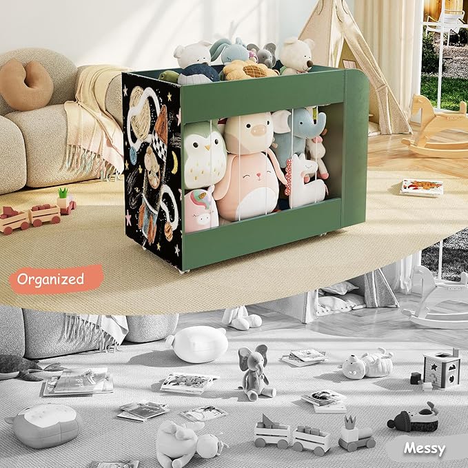 Wooden Kids Bookshelf, Toy Storage Organizer with Drawing Chalkboard and Stuffed Animal Organizer, Kids Toy Box with 4 Wheels for Kids Room, Playroom, Nursery, Classroom, Green