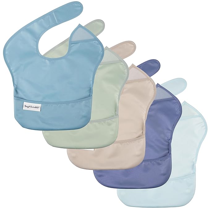 Tiny Twinkle Mess-Proof Baby Bibs for Eating | Waterproof, Wipeable Toddler Bibs with Catch-All Pocket | Feeding Bibs for Girls & Boys(5 Pack, Boy Spring)