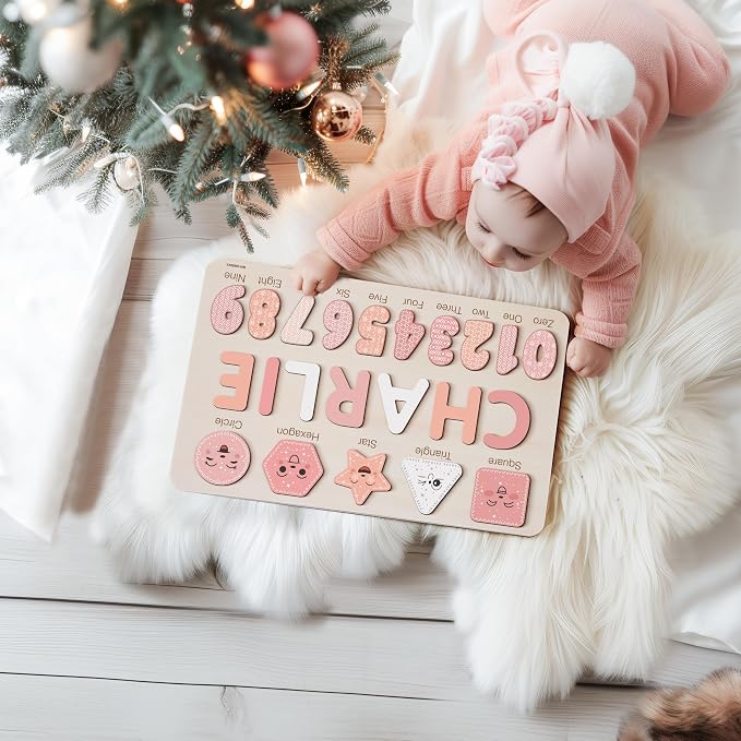 Personalized Wooden Name Puzzle with Numbers & Shapes for Toddlers 1-3 | 11 Color Themes | Montessori Learning Toy, Nursery Keepsake & Perfect 1st Birthday Gift