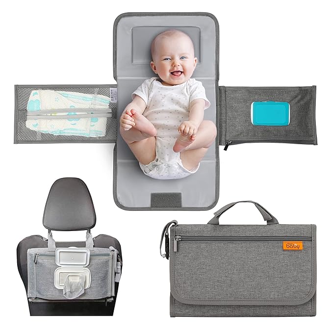 Kopi Baby Portable Diaper Changing Pad - Baby Diaper Changer Travel Bag with Wipes Pocket, Smart Design Portable Changing Mat, Infant Travel Station Kit, Gift for Newborn Girl & Boy - Grey, Modern