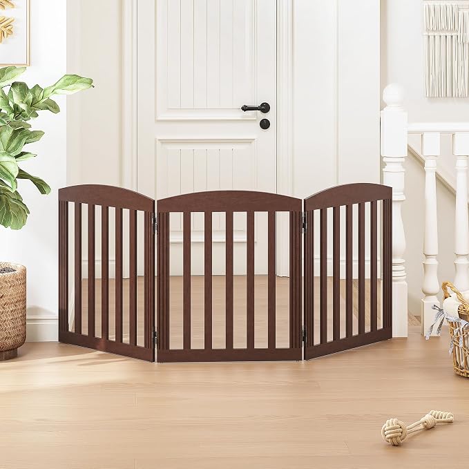 SPIRICH Wooden Freestanding Foldable Dog Gate, Pet Gate Indoor, Dog Gates for Doorways, Stairs, The House, Extra Wide Step Over Puppy Gate, 3 Panels, Brown