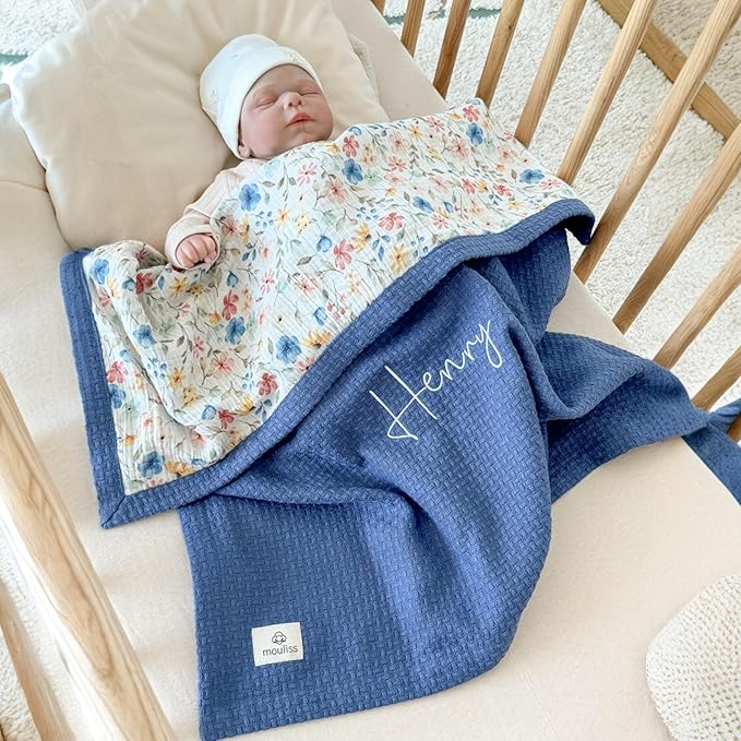 Mouliss Personalized Baby Blanket with Name ??Handmade 100% Organic Cotton Newborn Gift | Custom Knit Blanket for Boys, Girls, Kids & Baby Showers