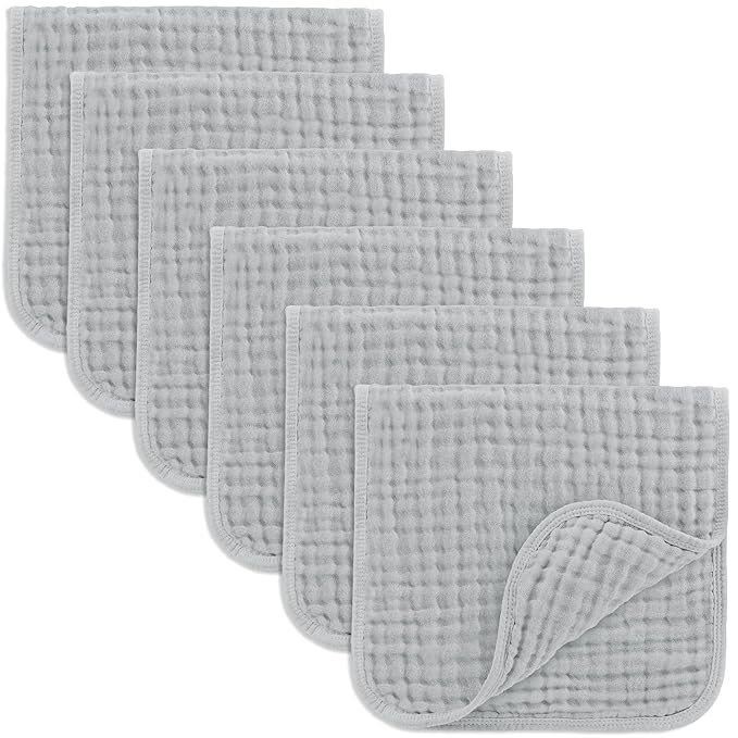 Comfy Cubs Muslin Burp Cloths 20" x 10", Pack of 6 - Large, 6-Layer, Ultra Absorbent 100% Cotton for Baby Drool and Messes - Soft, Safe & Gentle Baby Burp Cloths Set for Boys & Girls - Heather Blue