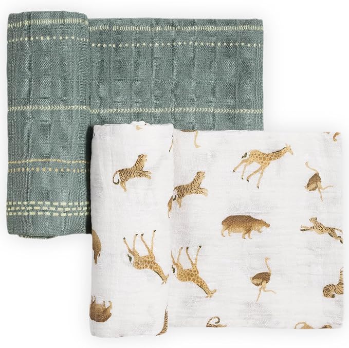 Little Unicorn 100% Certified Natural Organic Cotton Muslin Swaddle Blanket 2 Pack | Giftable Set of 2 swaddles (Animal Crackers)