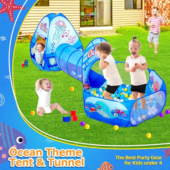 3 in 1 Kids Play Tent with Play Tunnel, Ball Pit, Toddler Pop Up Playhouse Toy for Baby Indoor Outdoor