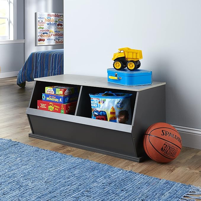 Badger Basket Two Bin Stackable Toy Storage Cubby Organizer for Kids, Playroom, Bedroom, or Nursery ??Wooden Toy Chest and Book Storage Unit ??Charcoal/Gray Woodgrain