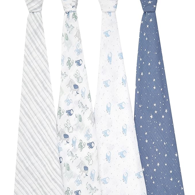 aden + anais Essentials Swaddle Blanket, Boutique Muslin Blankets for Girls & Boys, Baby Receiving Swaddles, Ideal Newborn & Infant Swaddling Set, Perfect Shower Gifts, 4 Pack, Time to Dream