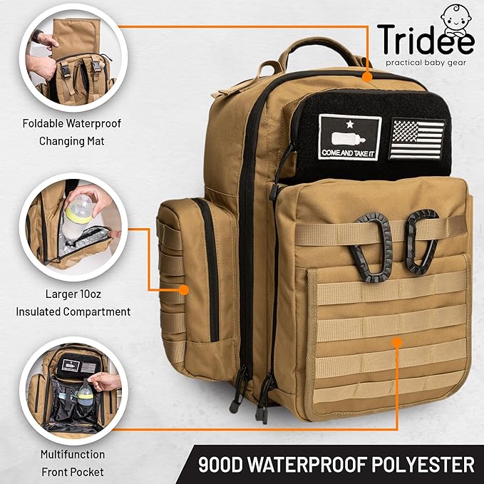 Tan Dad Diaper Bag - Molle-Style Military Diaper Backpack Made of Rugged 900D Waterproof Polyester with Wider Extra-Long Straps, Pouch for Dirty Diapers, Baby Wipes Dispenser & Insulated Pockets