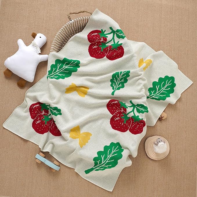 Opewod Cozy 100% Cotton Knitted Baby Blanket, 30"x40" Cute Strawberry & Bow Pattern, Soft Receiving Blanket for Newborns & Toddlers, Ideal for Crib, Stroller & Nursery Decor