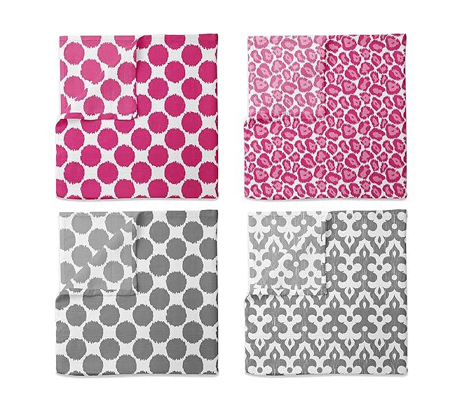 Bacati - 4 Pack Ikat Baby Swaddle Blanket Girls Swaddle Wrap Soft Breathable Cotton Muslin Swaddle Blankets Receiving Blanket for Girls, Large 45 x 45 inches (Dots/Leopard Pink/Grey)
