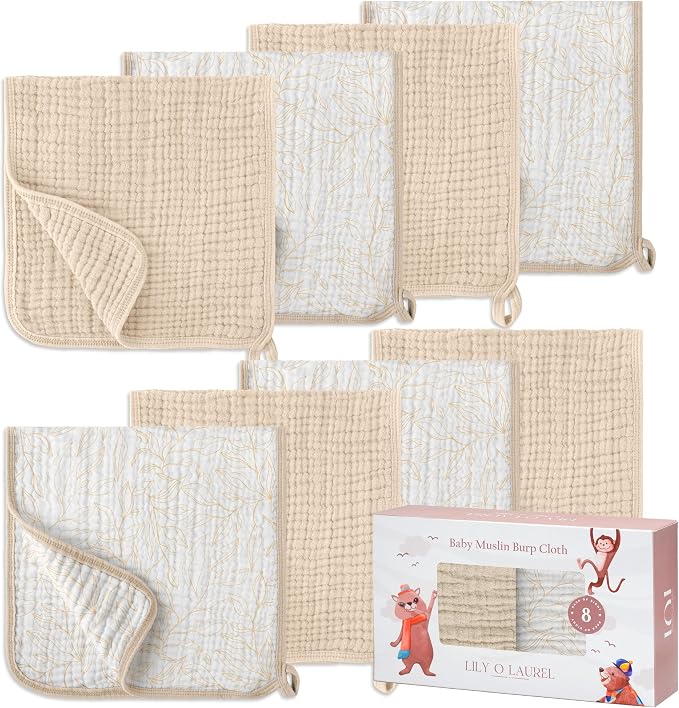Muslin Burp Cloths, 20"x10"- Pack of 8, 6 Layers Super Soft Absorbent & Breathable 100% Cotton for Baby Drool and Messes, Burp Cloth Baby Boy and Burp Cloths Baby Girl