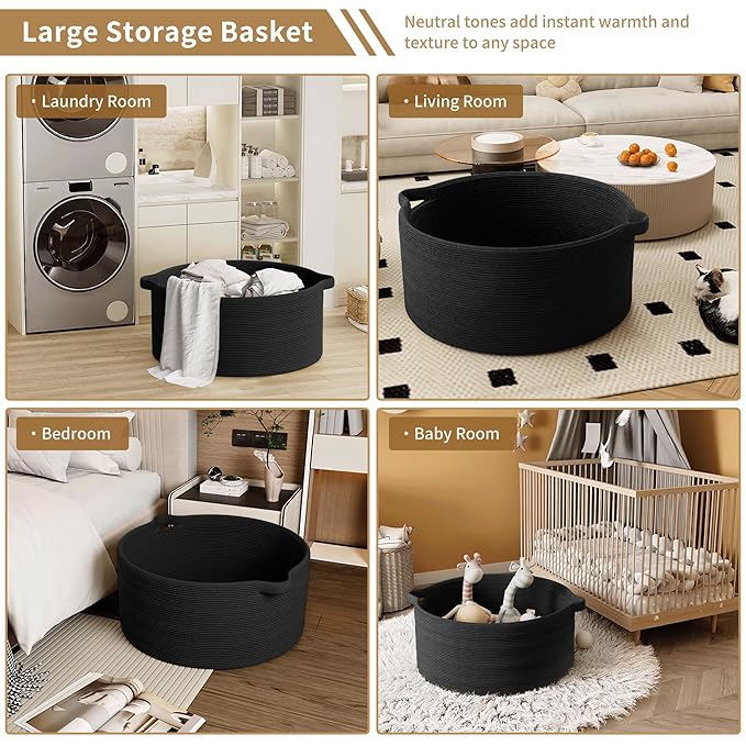 125L Extra Large Blanket Basket, 25" x 16", Jumbo Laundry Woven Baskets Decorative Home, Cotton Rope Basket with Handles, Baby Toy Baskets for Storage, Black, 2PC