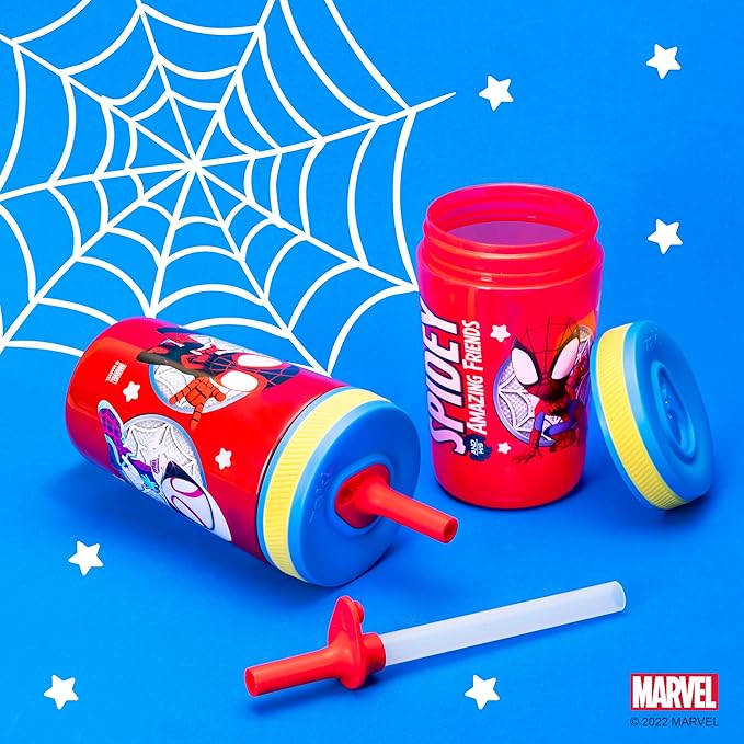 Zak Designs Spidey and His Amazing Friends Kelso Tumbler Set, Leak-Proof Screw-On Lid with Straw, Bundle for Kids Includes Plastic and Stainless Steel Cups with Bonus Sipper, 3pc Set, Non-BPA