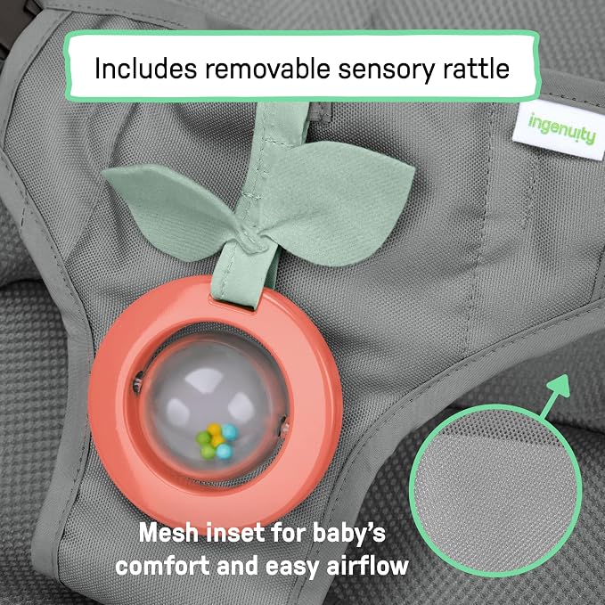 Ingenuity Stow & Go Compact Folding Baby Bouncer, Lightweight Portable Seat with Vibration, Grey, Under 5 lbs