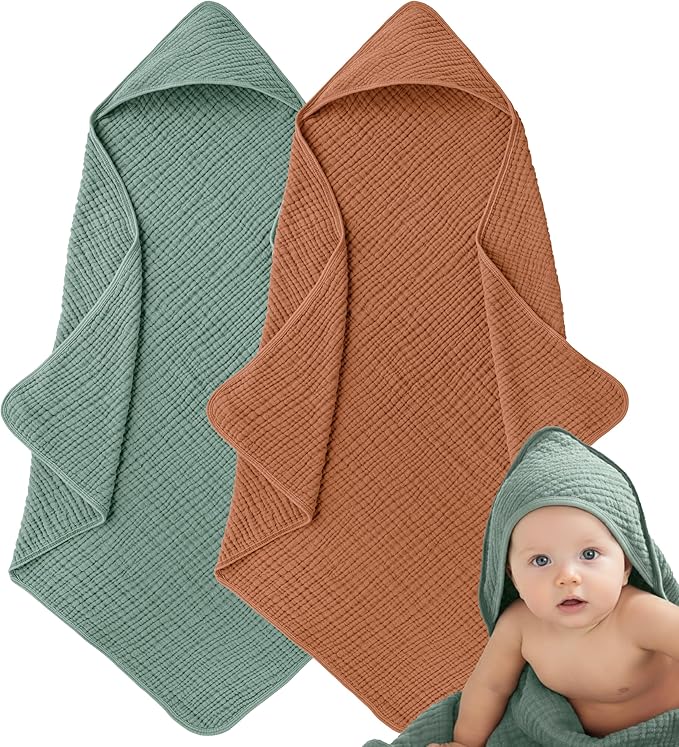 Muslin Hooded Baby Towels for Newborns, 32"x32", 100% Cotton ??6 Layers Super Soft Absorbent Breathable, Baby Bath Towel, Toddler Bath Towel ??Pack of 2