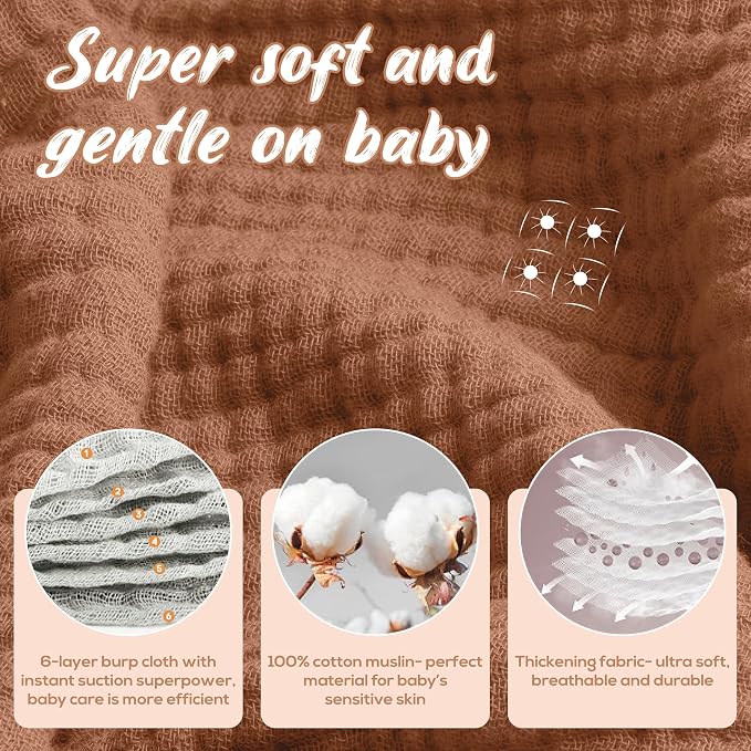 Muslin Burp Cloths, 20"x10"- Pack of 8, 6 Layers Super Soft Absorbent & Breathable 100% Cotton for Baby Drool and Messes, Burp Cloth Baby Boy and Burp Cloths Baby Girl