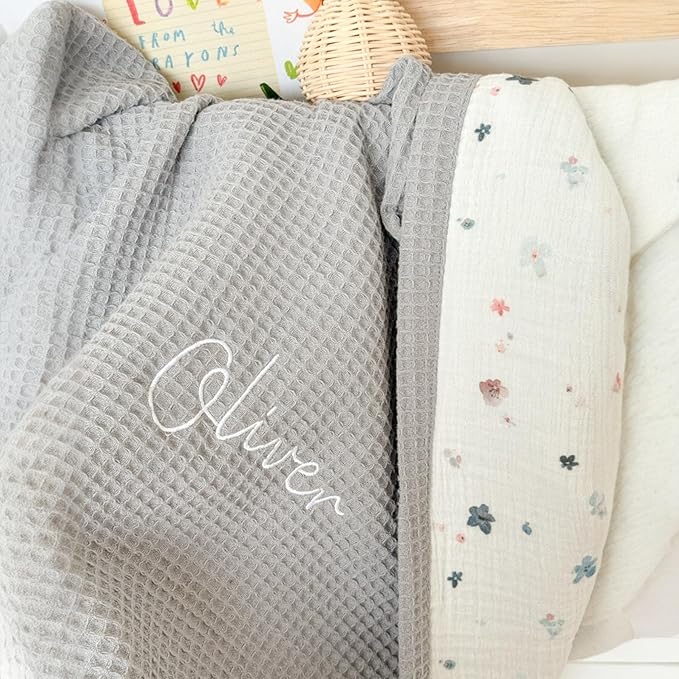 Mouliss Personalized Baby Blanket with Name ??Handmade 100% Organic Cotton Newborn Gift | Custom Knit Blanket for Boys, Girls, Kids & Baby Showers (Light Grey/Galaxy Bloom)