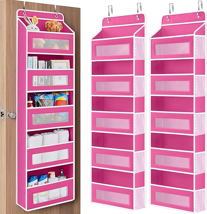 JARLINK 2 Pack Over The Door Organizer Storage, 5 Shelf Hanging Door Organizer with 5 Large Capacity Pockets, Anti Tilt 44 lb Load Behind Door Storage for Bedroom, Bathroom, Pantry, Nursery, Rose Pink