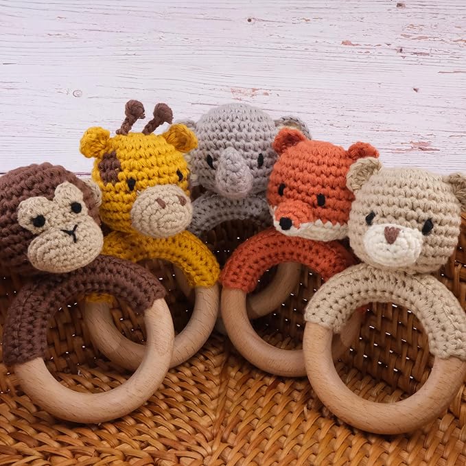 Joliecraft Safari Animals Wooden Baby Rattle Toys Stuffed Crochet Rattle with Teether Ring for Newborn, Brown Monkey