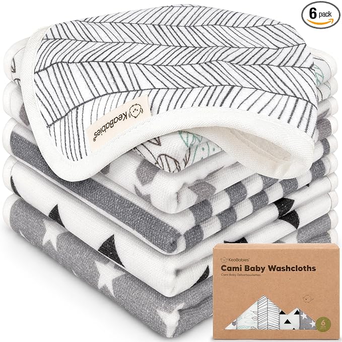 6-Pack Cotton Baby Washcloths for Newborn - Organic Cotton Muslin Soft Wash Cloths for Babies, Infant, Kids, Toddler Towels for Boy, Girl,Super Absorbent Face Cloths,Scratch-free Baby Rags (Grayscape)