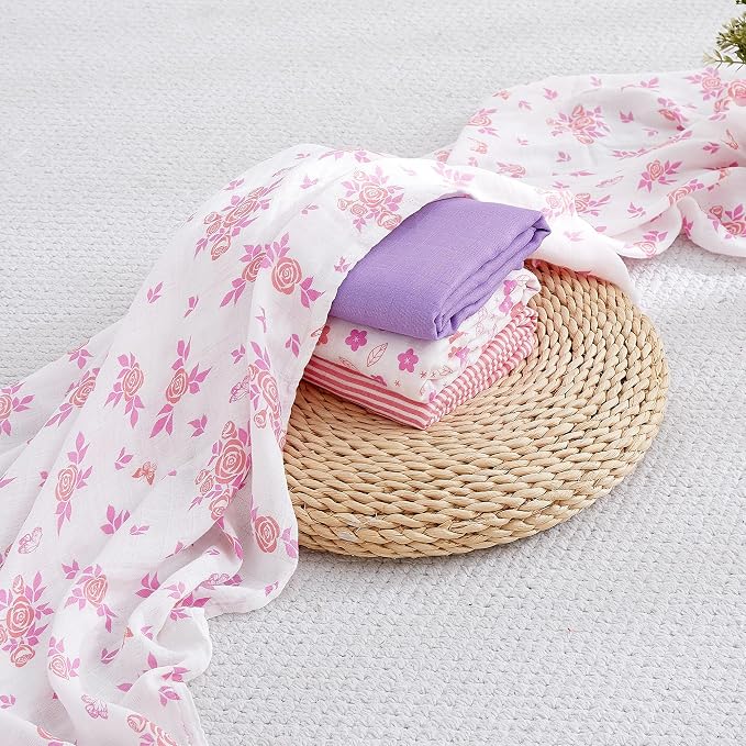 Viviland Muslin Swaddle Blanket, Baby Swaddle Blanket for Boys & Girls, Nursery Receiving Blanket for Newborn, Baby Swaddle Wrap Soft Silky & Breathable, 4 Packs, 47 X 47In, Purple Rose