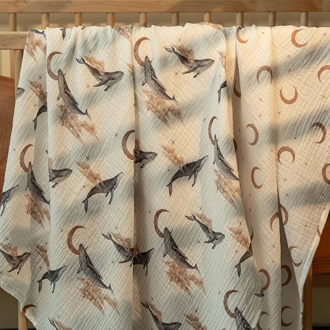 GLLQUEN BABY Muslin Swaddle Blankets,3-Pack Receiving Blankets for Newborn Boys and Girls,Baby Swaddle Blanket Unisex,Whale & Moon,Baby Essentials, Registry & Gift, 40 x 38 inches