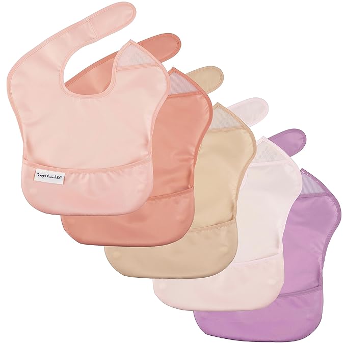 Tiny Twinkle Mess-Proof Baby Bib - Waterproof Bib for Baby Boy or Girl - Machine Washable - Adjustable Closure - PVC, BPA & Phthalate Free - Great for Travel - Baby Food Bibs (5 Pack, Girl Spring)