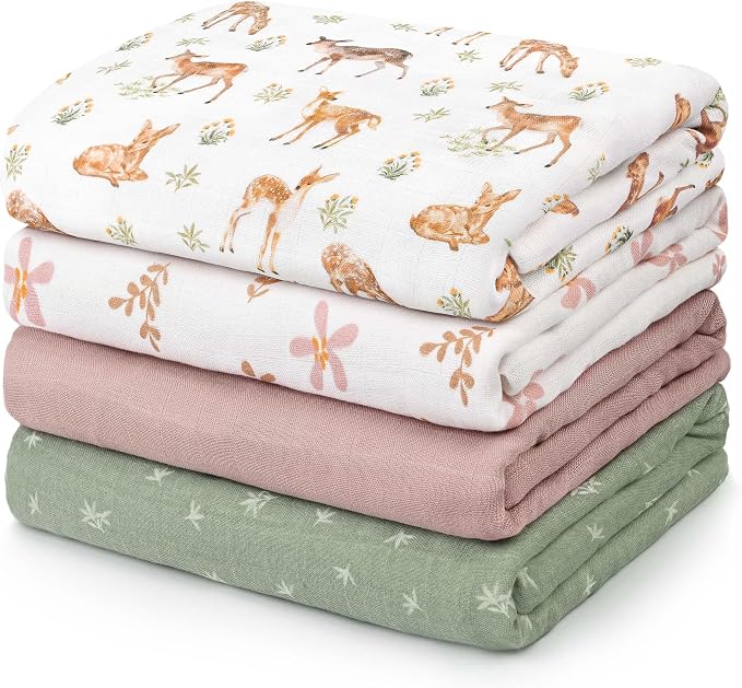 GLLQUEN BABY Muslin Swaddle Blankets 4-Pack Breathable Receiving Blankets (35" x 40") Soft Baby Blankets for Girls and Boys Newborn Essentials Muslin Swaddle Wrap Baby Gift(Deer)