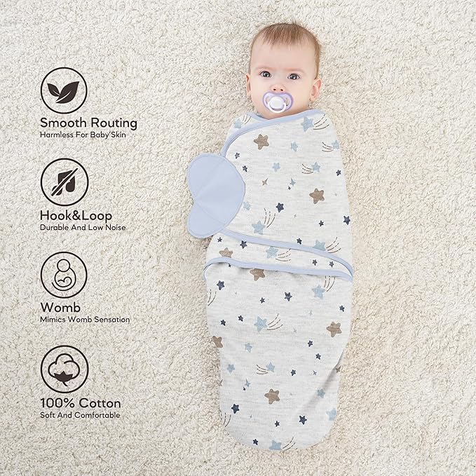 Susurration Swaddle Sleep Sacks 3 Pack 100% Muslin Cotton Swaddle Blanket Small Baby Wrap for 3-6 Months Newborn Girls,Boys,Infants Essentials,Adjustable Wearable Sleeping Sack (Blue, 3-6 Months)