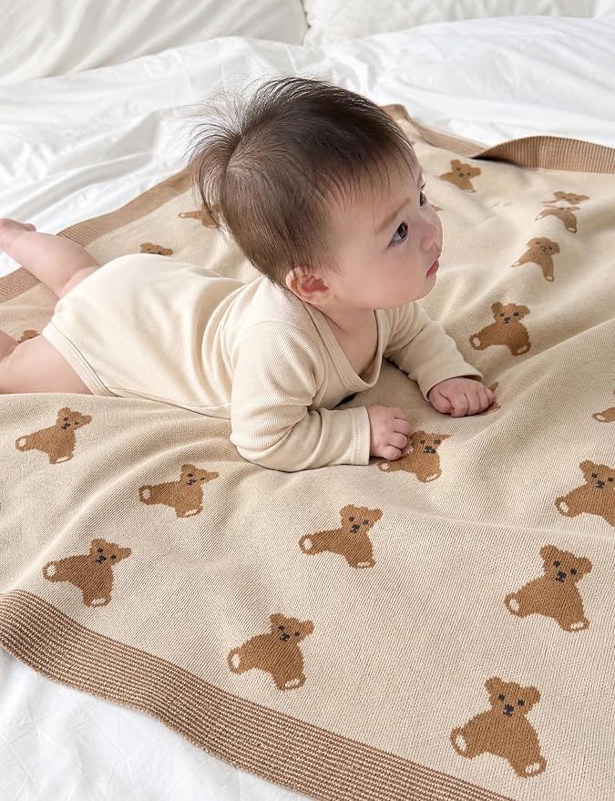 Organic Cotton Baby Blanket - Soft Luxury Knit Receiving Blanket for Newborns & Toddlers, Cozy Breathable Stroller Blanket with Pattern, Unisex, 30x40Inch（Bear-Khaki）