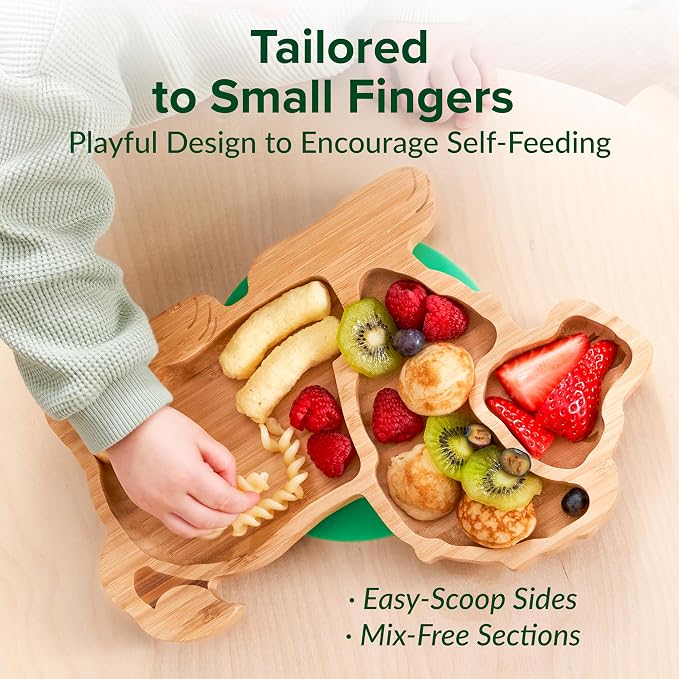 Bamboo Divided Suction Plates for Baby - Strong Suction Plates for Toddlers - Non-toxic All Natural Eco Friendly Materials - Lion