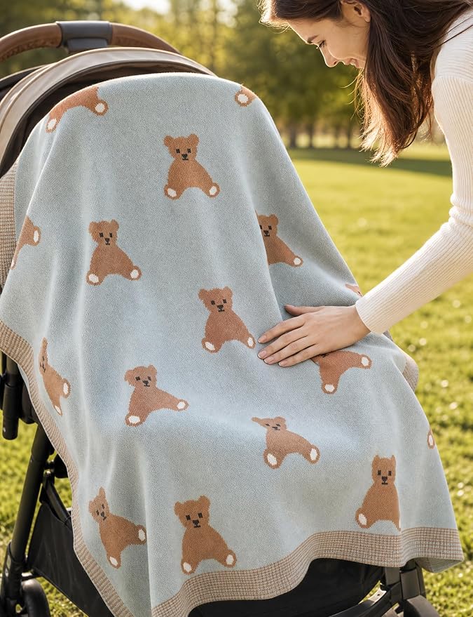 Organic Cotton Baby Blanket - Soft Luxury Knit Receiving Blanket for Newborns & Toddlers, Cozy Breathable Stroller Blanket with Pattern, Unisex, 30x40Inch（Bear-Green）