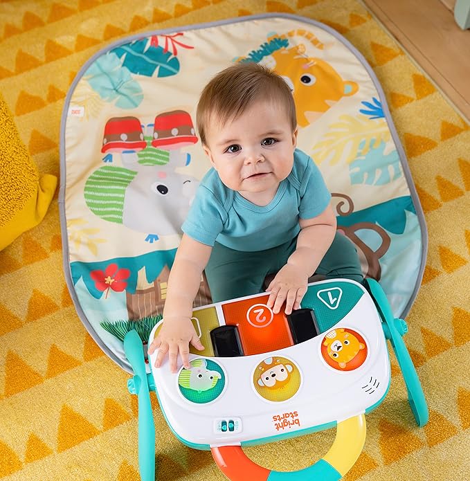 Bright Starts 4-in-1 Groovin??Kicks Piano Gym, Tummy Time Play Mat & Activity Baby Toys, Green - Tropical Safari, Newborn to Toddler