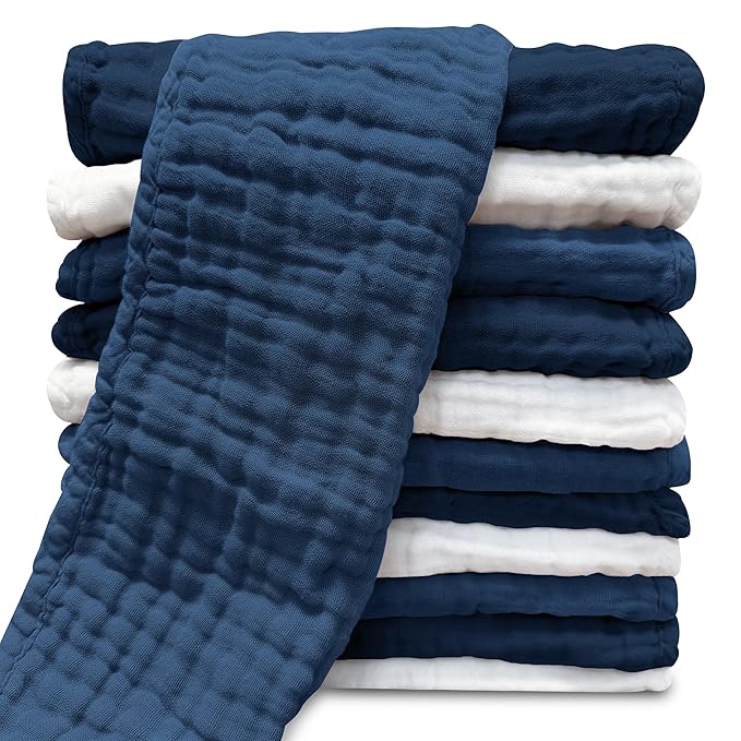 Muslin Burp Cloths for Baby 100% Cotton Burping Cloths for Unisex, Boy, Girl - Large 20'' by 10'' Newborn Essentials Ultra Soft Absorbent Milk Spit Up Rags - 12 Pack - White+Deep Navy Series