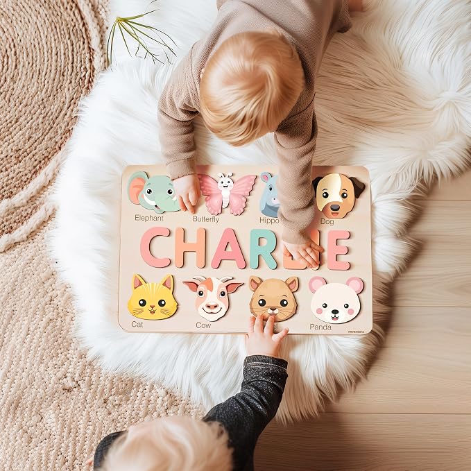 Personalized Animal Name Puzzle for Baby Boys & Girls, Handmade Wooden Toy, Custom Baby Gift, First Christmas or Birthday Present, 1 Year Old Gifts